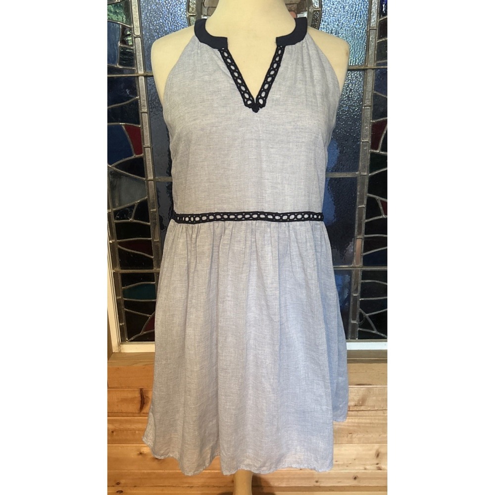THML Dress Size Large Blue With Navy Braid Trim Sleeveless Fine Stripes
